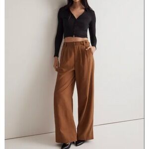 Madewell The Harlow Wide Leg Pant Trouser Tobacco Brown Pleated Tencel Linen 2